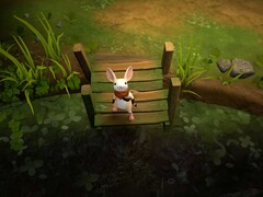 Quill descansa sobre un puente de madera en Moss: La reliquia olvidada.