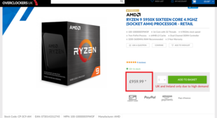 Precio del Ryzen 9 5950X. (Fuente de la imagen: Overclockers UK/Reddit - u/locutusuk68)