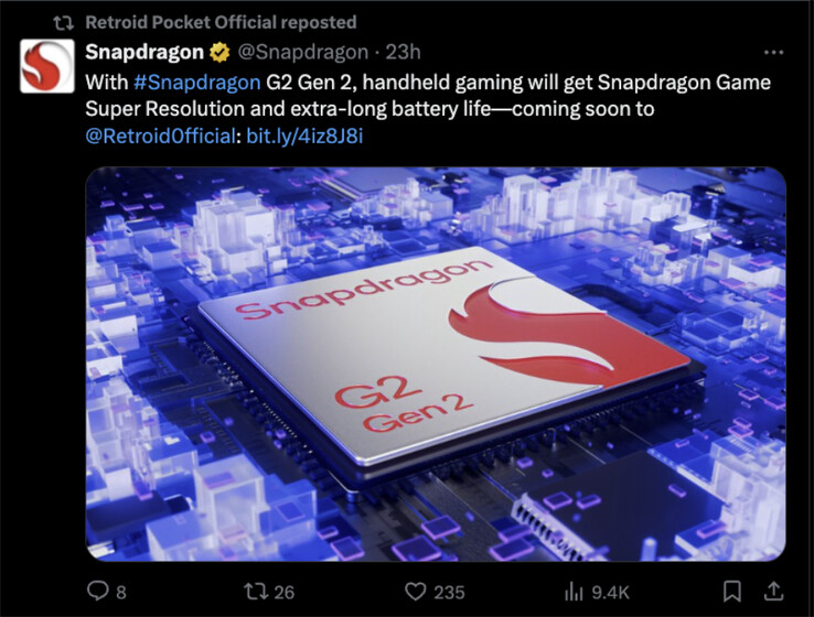 Qualcomm se burló del uso del Snapdragon G2 Gen 2 por parte de Retroid en marzo. (Fuente de la imagen: Qualcomm &amp; X)