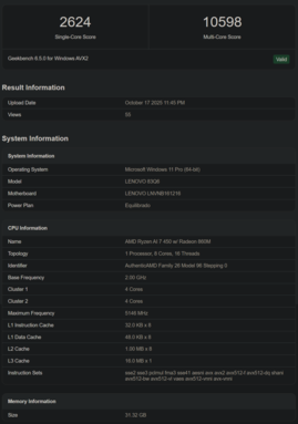 Listado de Geekbench de Ryzen AI 7 450 (fuente de la imagen: Geekbench)