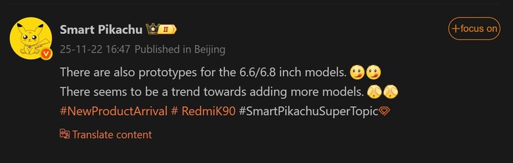 Smart Pikachu informa sobre el tamaño de la pantalla del Redmi K90 Pro (Fuente de la imagen: Weibo - machine translated)