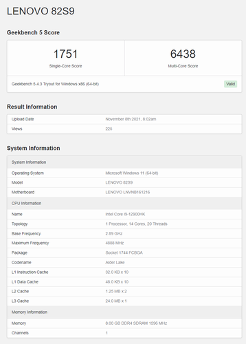 Intel Alder Lake-P Core i9-12900HK Geekbench. (Fuente: Geekbench)