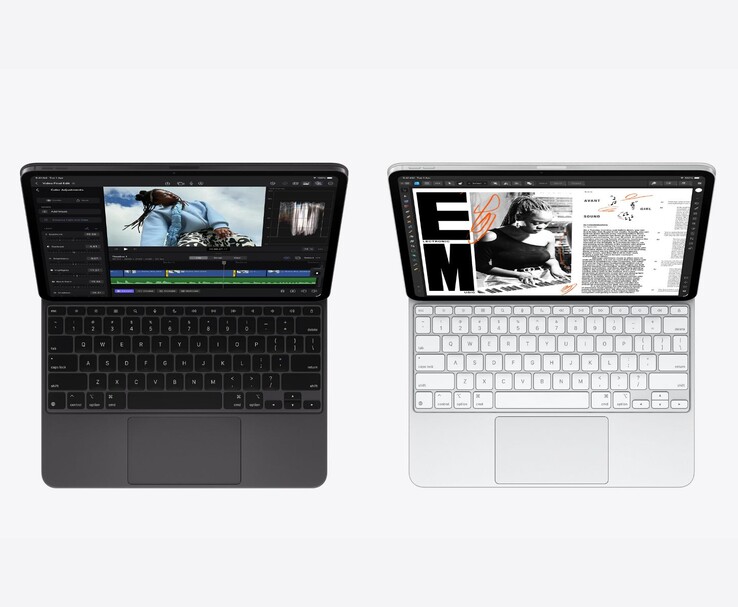 Apple modelos iPad Pro M5 en negro espacial y plata con Magic Keyboard, mostrando las aplicaciones de edición de vídeo y documentos en la pantalla Ultra Retina XDR OLED (Fuente de la imagen: Apple)