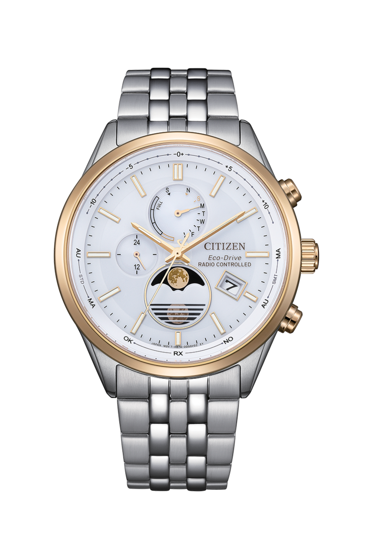 Reloj Citizen BY1034-59A Eco-Drive con fases lunares, que cuenta con una esfera blanca y una pulsera de acero inoxidable bicolor.
