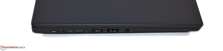 Lado izquierdo: 1x USB 3.1 Gen1 Tipo-C (que puede ser usado para cargar la laptop), 1x Thunderbolt 3, miniEthernet, 1x USB 3.0 Tipo-A, HDMI 1.4b, combinado 3.5mm audio jack