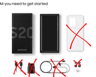 Contenido de la caja de venta al público del Samsung Galaxy, en la que se muestran un teléfono, la caja y una funda, con un cargador, un cable y unos auriculares tachados
