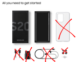 Contenido de la caja de venta al público del Samsung Galaxy, en la que se muestran un teléfono, la caja y una funda, con un cargador, un cable y unos auriculares tachados