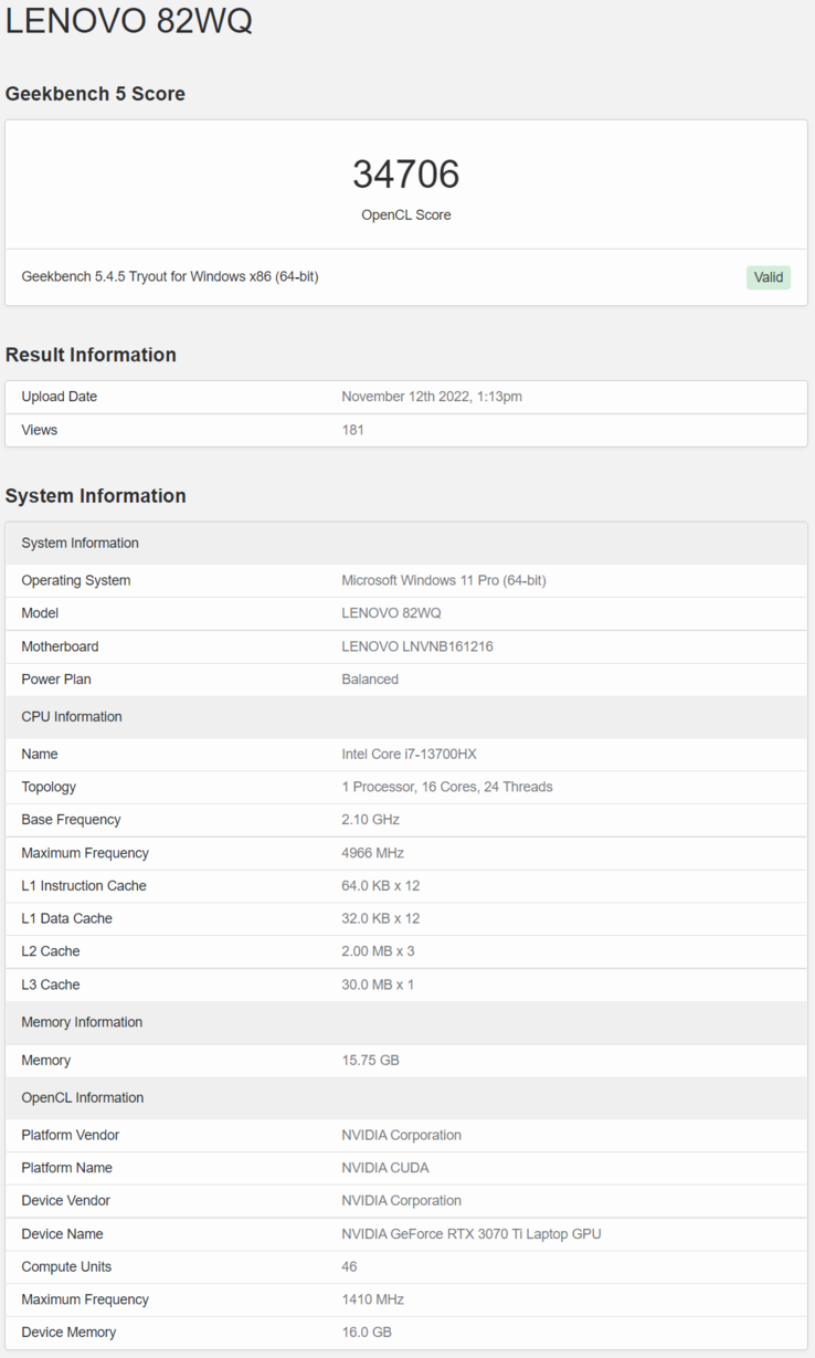 Intel Raptor Lake Core i7-13700HX en el Lenovo IdeaPad 330 en Geekbench. (Fuente: Geekbench)