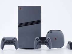 Edición limitada de la consola PlayStation 5 Pro 30º Aniversario en gris retro con dos mandos DualSense a juego, una funda de transporte y una base de carga para el mando. (Fuente de la imagen: Sony Interactive Entertainment)