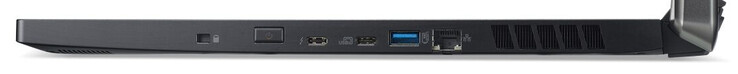 Derecha: ranura de bloqueo, botón de encendido, Thunderbolt 3, USB 3.2 Gen 1 (Tipo-C), USB 3.2 Gen 1 (Tipo-A), Gigabit Ethernet