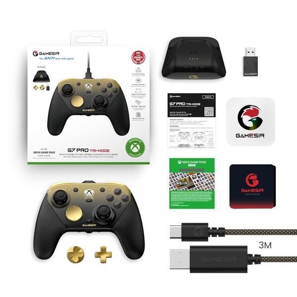 La GameSir G7 Pro Golden Ombre viene con D-Pads adicionales, un cable, una base de carga y un dongle inalámbrico. (Fuente de la imagen: GameSir)
