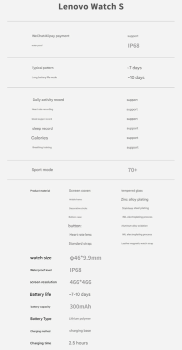 Especificaciones del Lenovo Watch S (Fuente de la imagen: Lenovo - machine translated)