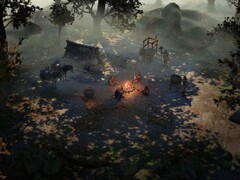 Una imagen que muestra un campamento y mercenarios en Wartales.