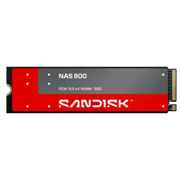 SSD NVMe M.2 Sandisk NAS 800 con una etiqueta roja y gris
