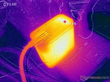 El adaptador de CA con pata de pared alcanza más de 41 C cuando funciona con cargas exigentes