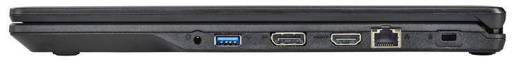 Lado derecho: toma combo de auriculares / micrófono, puerto USB 3.1 Gen 1 Type-A, DisplayPort, Gigabit Ethernet, bloqueo Kensington