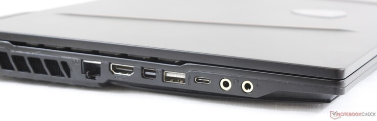 Izquierda: Cerradura Kensington, 1 Gbps RJ-45, Mini-DisplayPort, USB Tipo-A 3.2 Gen 2, USB Tipo-C 3.2 Gen. 2, auriculares de 3,5 mm, micrófono de 3,5 mm