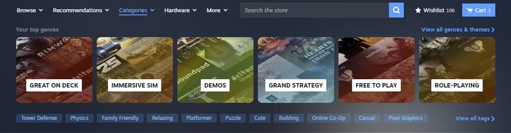 La nueva pestaña "Categorías" está adaptada al comportamiento de los jugadores. (Fuente de la imagen: Steam)