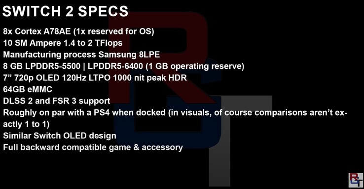 Supuestas especificaciones de Nintendo Switch 2. (Fuente de la imagen: RedGamingTech)