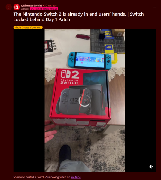 Nintendo Switch 2 unboxing video Reddit post (Fuente de la imagen: Nintendo Switch 2 subreddit)