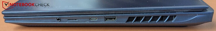 Derecha: USB-A 3.2 Gen 2, USB-C con Thunderbolt 4 (PD 3.0, DP 1.4, USB 4), lector de tarjetas micro SD, toma de auriculares