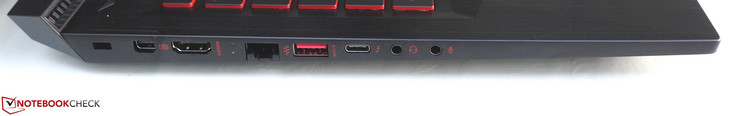 izquierda: bloqueo Kensington, Mini-DisplayPort, HDMI, RJ45-LAN, USB 3.0, Thunderbolt 3, auriculares, micrófono