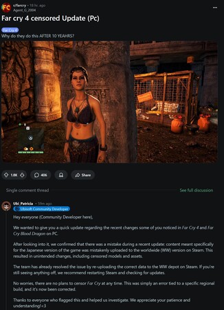 Post de censura de Far Cry 4 en Reddit (Fuente de la imagen: captura de pantalla, subreddit de Far Cry 4)