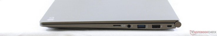 derecha: MicroSD, auriculares 3.5 mm, USB 3.0, USB 2.0, Kensington Lock