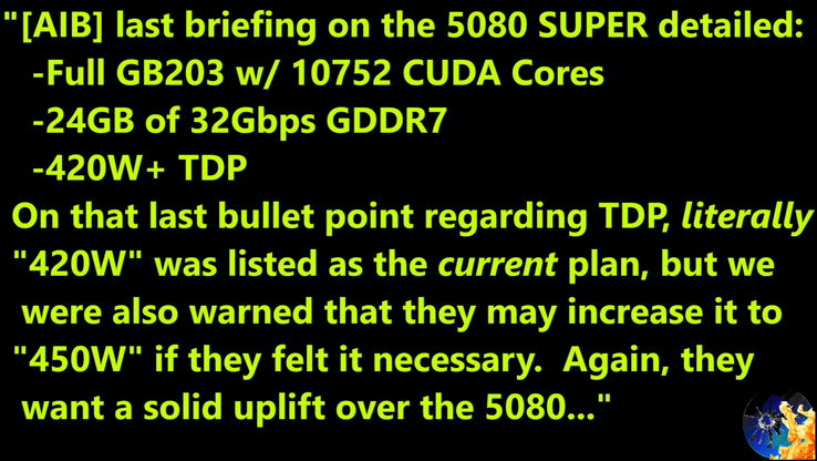 Filtración de las especificaciones de la RTX 5080 Super. (Fuente de la imagen: Moore's Law Is Dead en YouTube)