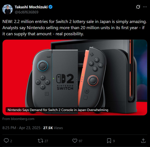 Post de Takashi Mochizuki X sobre las ventas de Switch durante el primer año (Fuente de la imagen: captura de pantalla, cuenta de Takashi Mochizuki X)