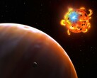 Una ilustración que muestra una estrella, un exoplaneta y un satélite natural.