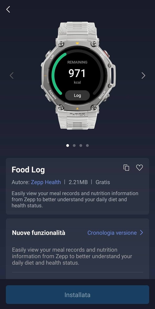 Una captura de pantalla de la nueva aplicación Amazfit Food Log Mini. (Fuente de la imagen: Matteo Calori vía Amazfit Official Outdoor Community Facebook Group)