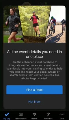 Una notificación en Garmin Connect sobre la base de datos de eventos mejorada. (Fuente de la imagen: Gadgets &amp; Wearables)