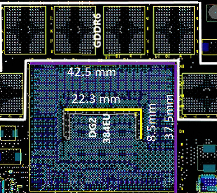 Plano de la PCB Intel DG2 Xe-HPG 384-EU. (Fuente de la imagen: Videocardz)
