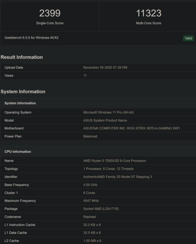 Puntuación en Geekbench del AMD Ryzen 5 7500X3D (fuente de la imagen: Geekbench)