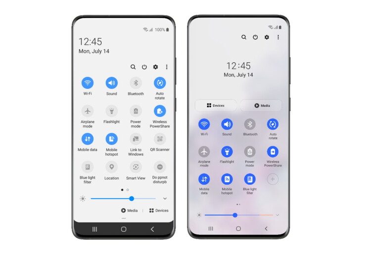Panel rápido en One UI 2 (izquierda) y One UI 3 (derecha) (Fuente: Samsung Global Newsroom)