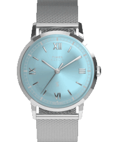 Reloj Timex x Todd Snyder Marlin Mesh con esfera azul aguamarina con efecto rayos de sol y brazalete milanés.