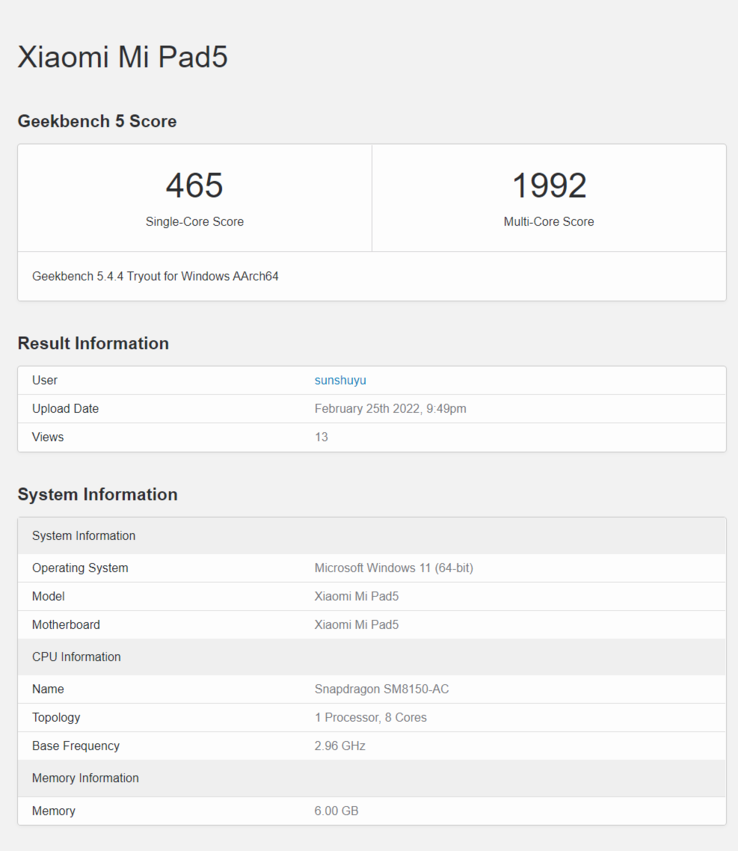 Puntuación de Geekbench del Mi Pad 5 con Windows 11 (imagen vía ITHome)