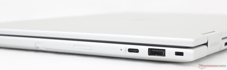 Derecha: USB-C 3.2 Gen. 1 (10 Gbps) con DisplayPort 1.4 + Power Delivery, USB-A (5 Gbps), bloqueo de seguridad, ranura Nano-SIM (opcional)