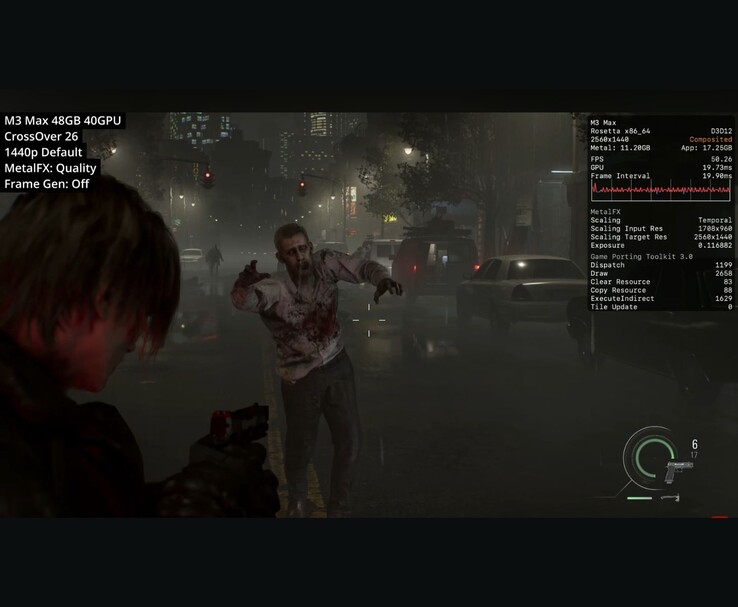 Resident Evil Requiem corriendo en M3 Max Mac vía CrossOver 26 a 1440p con MetalFX Quality mostrando cerca de 50 FPS.
