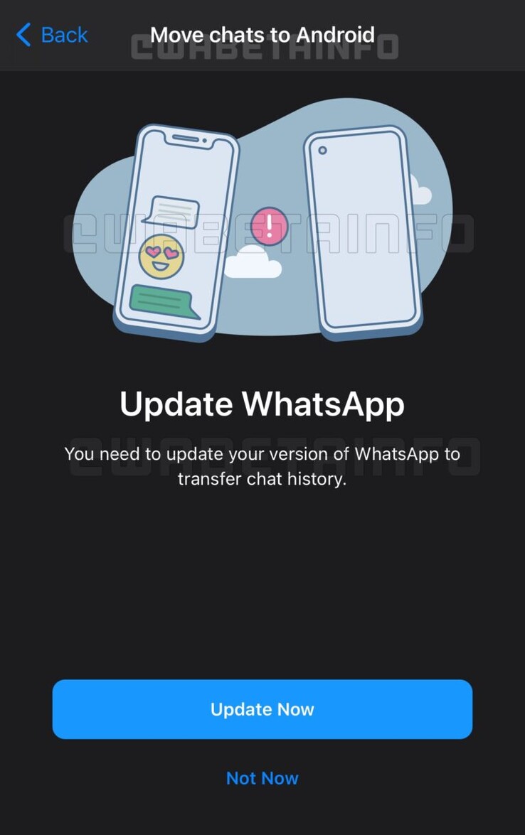 Así podría ser la transferencia de chats entre plataformas de WhatsApp (imagen vía WABetainfo)