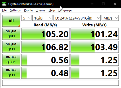 CrystalDiskMark 8 en algo más comúnmente utilizado para el almacenamiento externo, un disco duro externo Toshiba conectado a través de USB 3.0. Obsérvense las importantes mejoras en las lecturas y escrituras aleatorias.