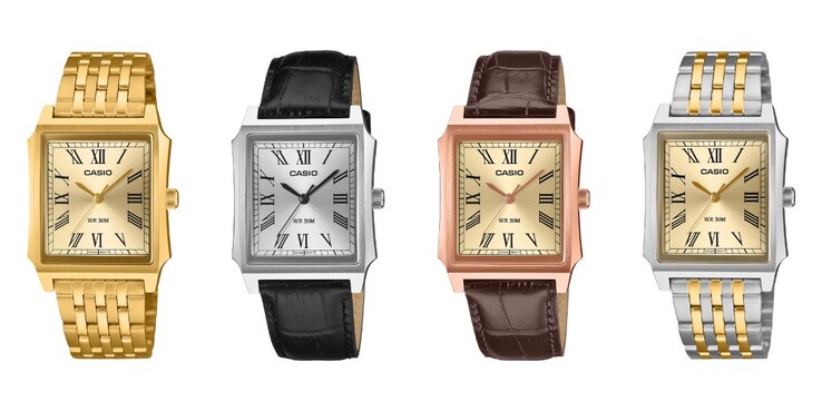 De izquierda a derecha: los relojes Casio MTP-B190G-9BV, MTP-B190L-7BV, MTP-B190RGL-9BV y MTP-B190SG-9BV