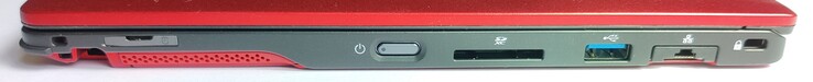Lado derecho: ranura para el lápiz óptico, ranura para la tarjeta SIM, botón de encendido, lector de tarjetas SD, 1x USB Tipo-A 3.1 Gen1, GigabitLAN, cerradura Kensington