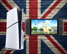 Consolas PS5 y Switch 2 mostradas sobre un fondo con la bandera Union Jack (Fuente de la imagen: Sony PlayStation, Nintendo con ediciones)