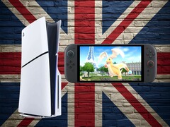 Consolas PS5 y Switch 2 mostradas sobre un fondo con la bandera Union Jack (Fuente de la imagen: Sony PlayStation, Nintendo con ediciones)