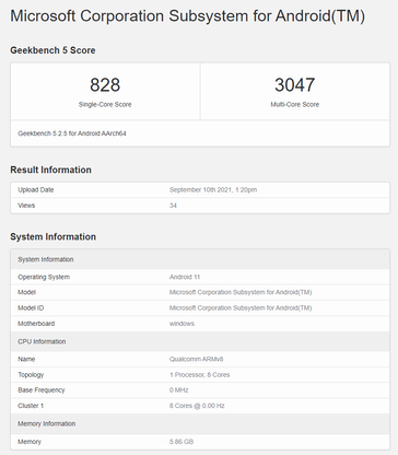 Listado de Geekbench del subsistema de Windows 11 Android en ARM. (Fuente: Geekbench)