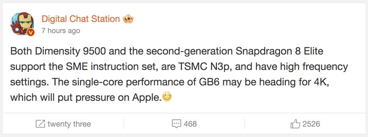 Los SoC Snapdragon 8 Elite Gen 2 y Dimensity 9500 de nueva generación presentarán mejoras de rendimiento encomiables. (Fuente de la imagen: DCS vía Weibo)