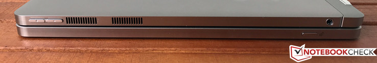 derecha: Volumen, ventilación, clavija estéreo 3.5 mm (tablet), liberación (teclado)