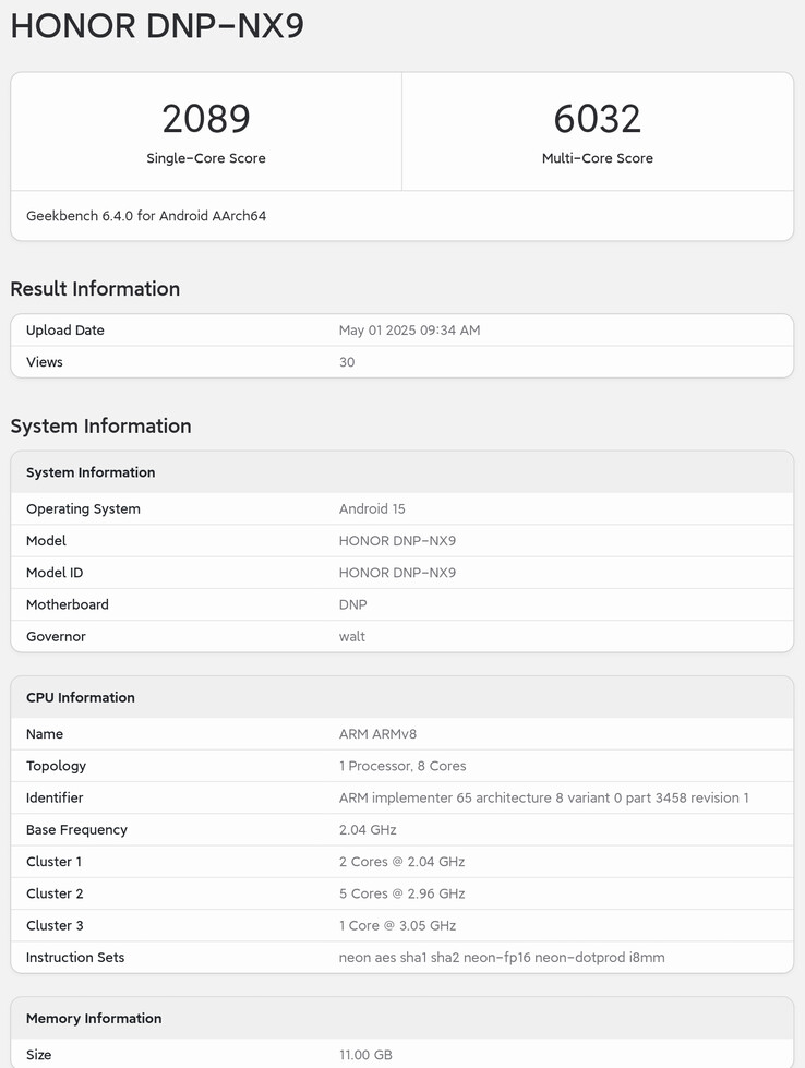 El "Honor 400 Pro" en Geekbench.  (Fuente: Geekbench vía Digital Chat Station)